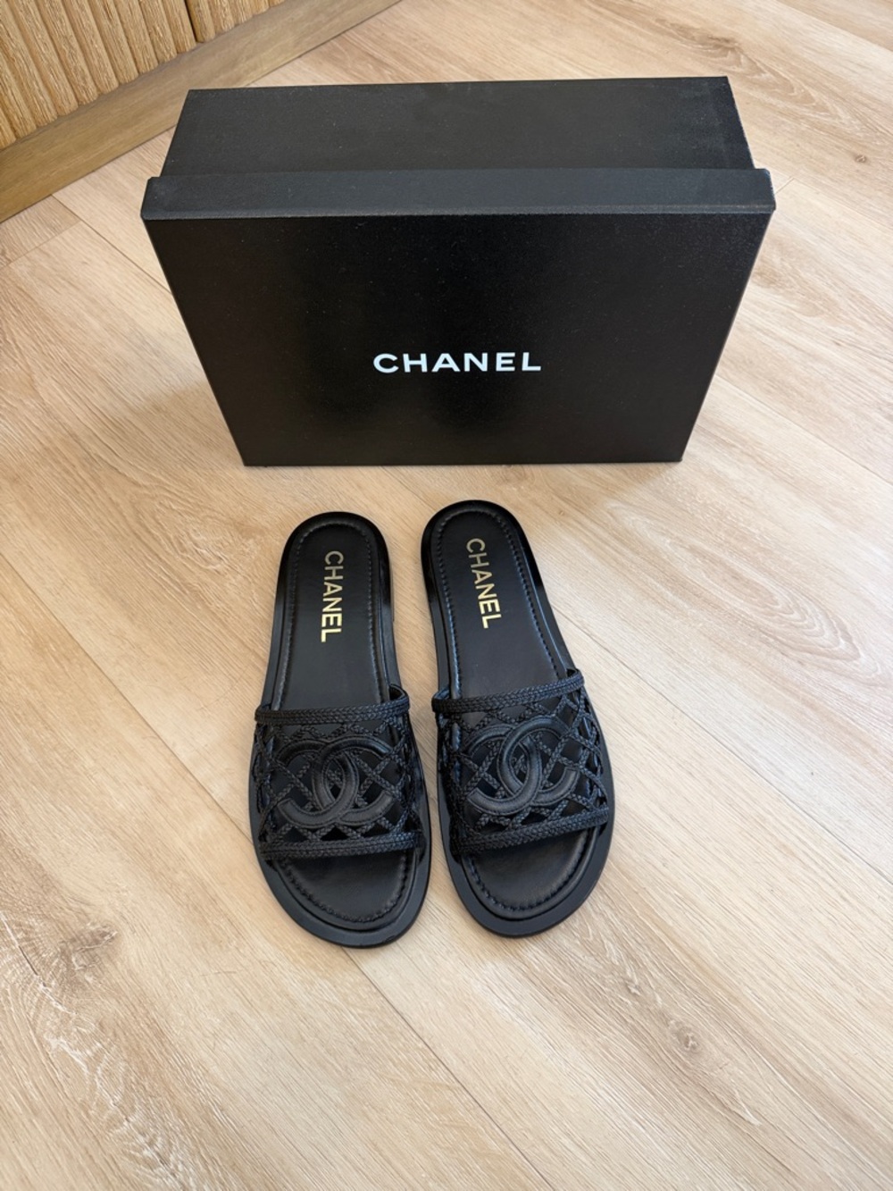 CHANEL Black Braided CC Logo Slide Sandals - Women